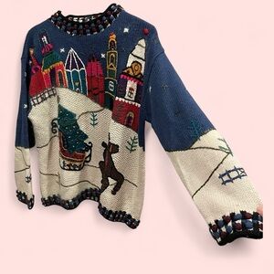 Vintage 80s-90s Sigrid Olsen oversized chunky ugly holiday sweater pom pom glam